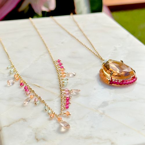 Colar gota bordada cristal morganita 46cm banho de ouro 18k nano gold