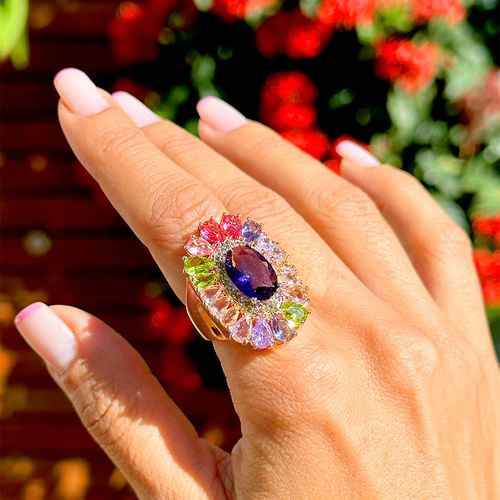 Anel gotas cristal ametista banho de ouro 18k nano gold