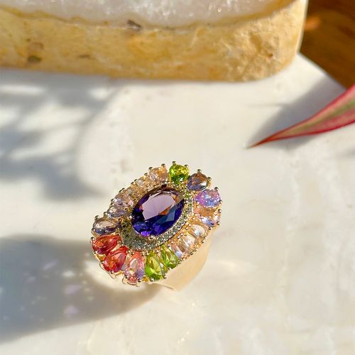 Anel gotas cristal ametista banho de ouro 18k nano gold
