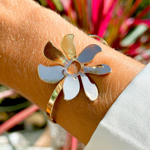 Bracelete liso flor pétalas banho de ouro 18k nano gold