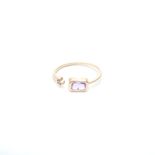 Anel aro aberto retângulo cristal ametista banho de ouro 18k nano gold