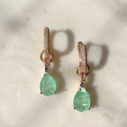 Brinco ear blig fusion esmeralda colombiana banho de ouro 18k