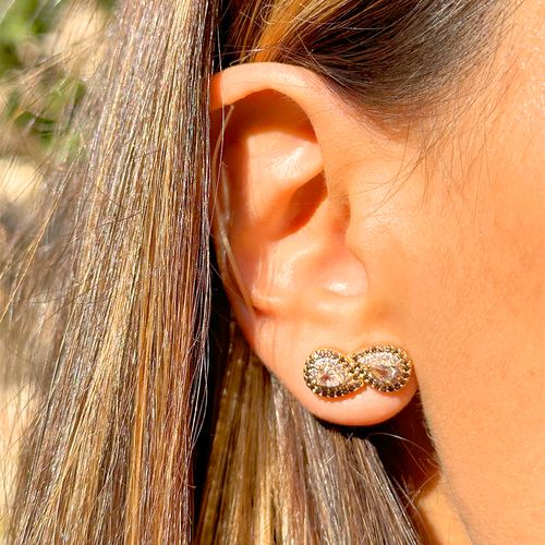 Brinco infinito cristal quartzo rosa banho de ouro 18k nano gold