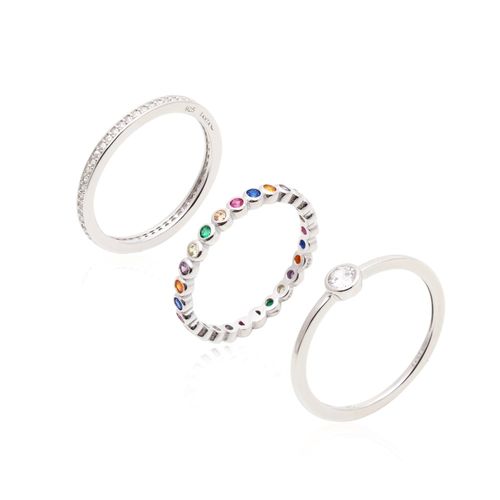 Anel Zircônia Colorida Bolinhas Cravejado Kit C/3 Prata 925 aro 20