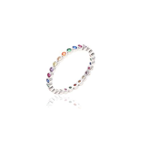 Anel trilho bolinhas zircônias coloridas prata 925