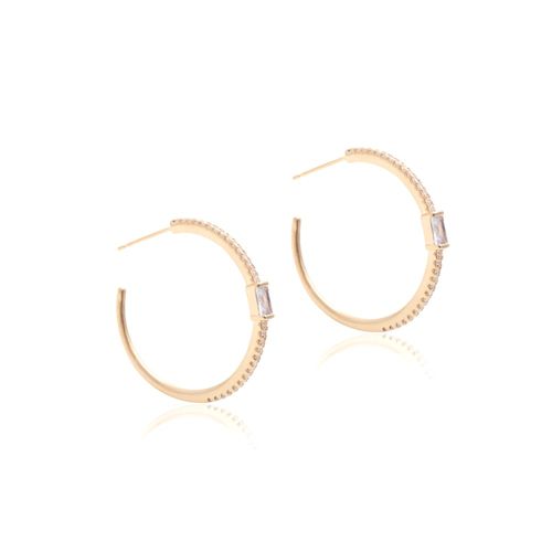 Brinco argola retângulo zircônia branca banho de ouro 18k nano gold