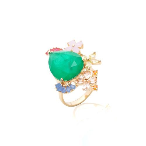 Anel jardim gota fusion esmeralda banho de ouro 18k (promoção 50%)