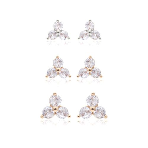 Kit de brincos trevo zircônia branca banho de ouro 18k