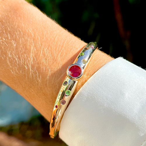 Bracelete cristal turmalina rosa redondo banho de ouro 18k nano gold