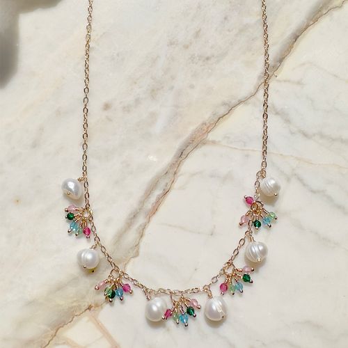 Colar pérola de água doce cristal esmeralda 47cm banho de ouro 18k