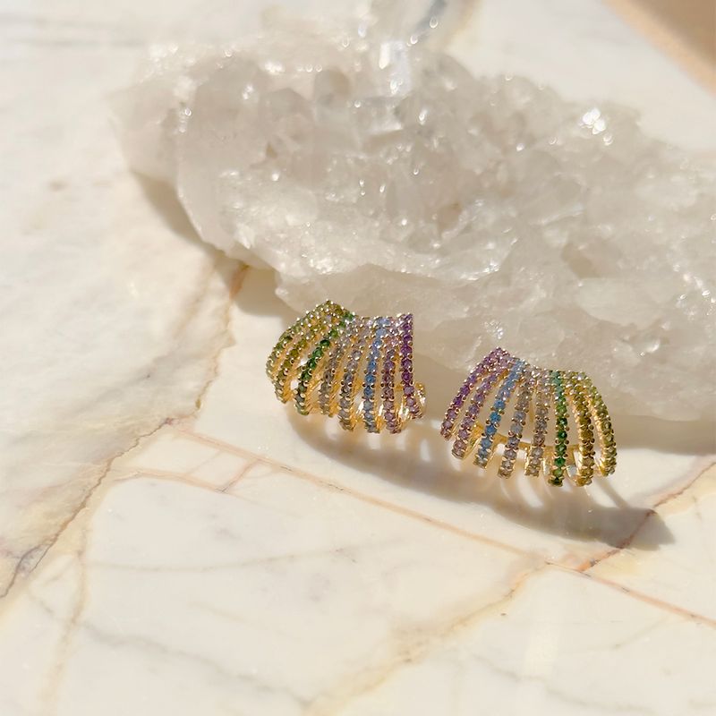 Brinco-Onda-8-Linhas-Zirconias-Coloridas-Banho-de-Ouro-18K-Nano-Gold
