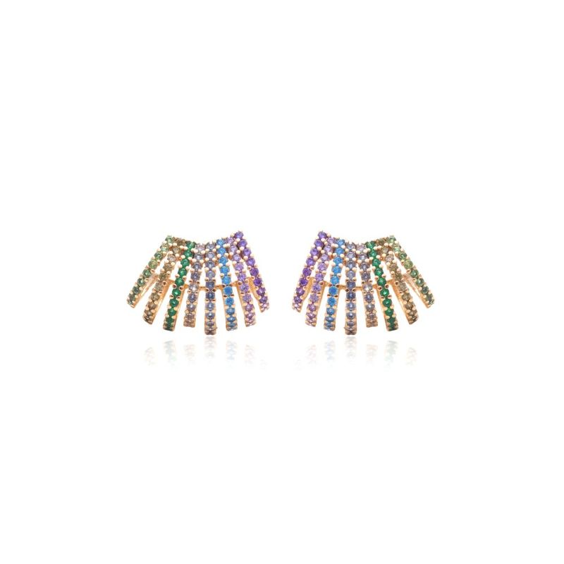 Brinco-Onda-8-Linhas-Zirconias-Coloridas-Banho-de-Ouro-18K-Nano-Gold