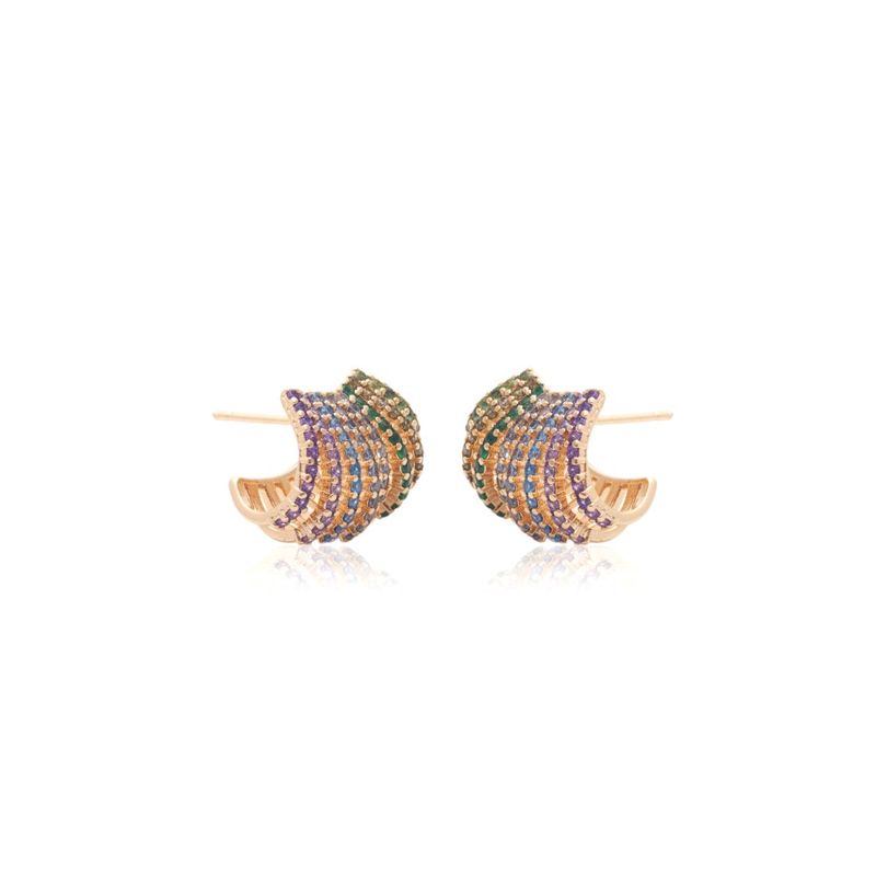 Brinco-Onda-8-Linhas-Zirconias-Coloridas-Banho-de-Ouro-18K-Nano-Gold