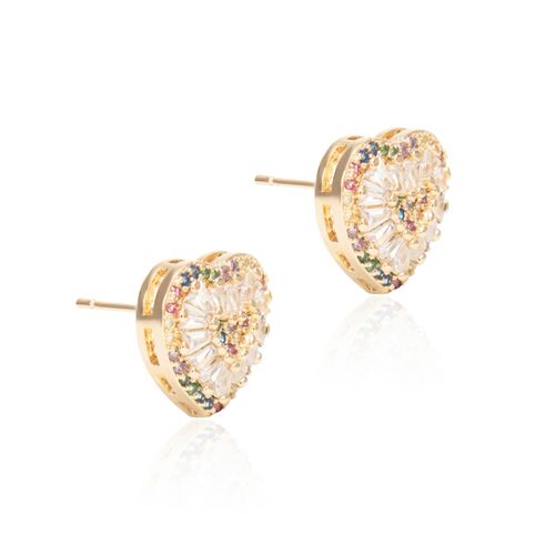 Brinco coração baguetes zircônia colorida banho de ouro 18k nano gold