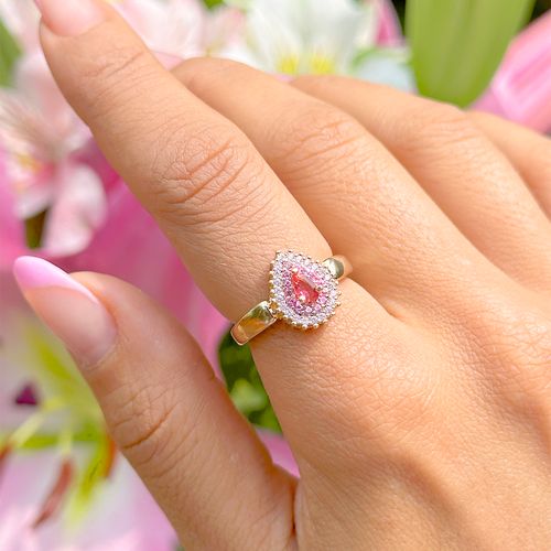 Anel gota bordada cristal turmalina rosa banho de ouro 18k nano gold  (promoção 50%)
