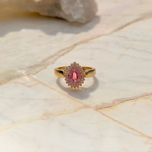 Anel gota bordada cristal turmalina rosa banho de ouro 18k nano gold  (promoção 50%)