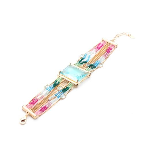 Pulseira retângulo cristal topázio azul  20cm banho de ouro 18k