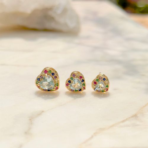 Kit de brincos corações de cristal topázio azul com 3 pares banho de ouro 18k