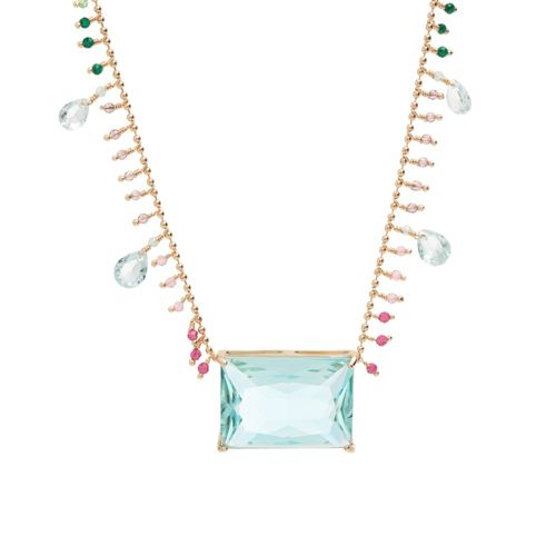 Colar handmade retângulo de cristal topázio azul 48cm banho de ouro 18k