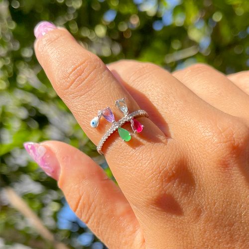 Anel Cristal Esmeralda Gotas com Olho Pendurado Prata 925 aro16