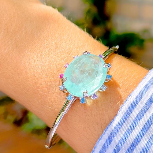 Bracelete oval bordado fusion turmalina light cristal topázio azul prata 925