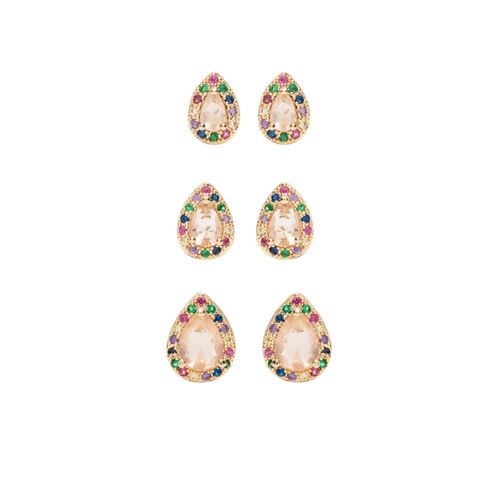Brinco gota cristal morganita zircônia colorida kit com 3 pares banho de ouro 18k
