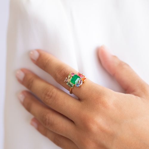 Anel moldura formas fusion esmeralda banho de ouro 18k