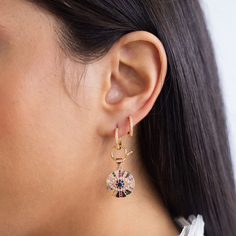 Brinco-ear-bling-medalha-olho-zirconias-coloridas-banho-de-ouro-rose