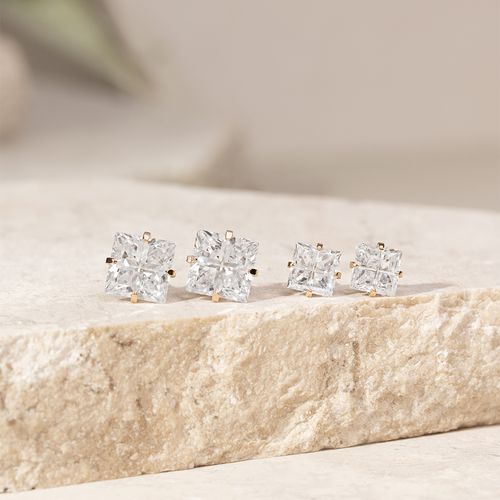 Kit de brincos quadrados zircônias brancas 6mm/8mm banho de ouro 18k