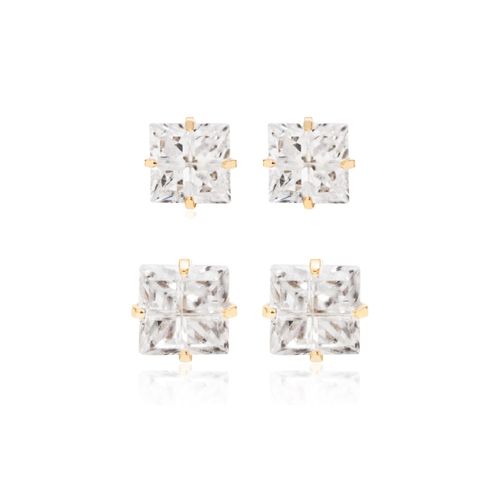 Kit de brincos quadrados zircônias brancas 6mm/8mm banho de ouro 18k