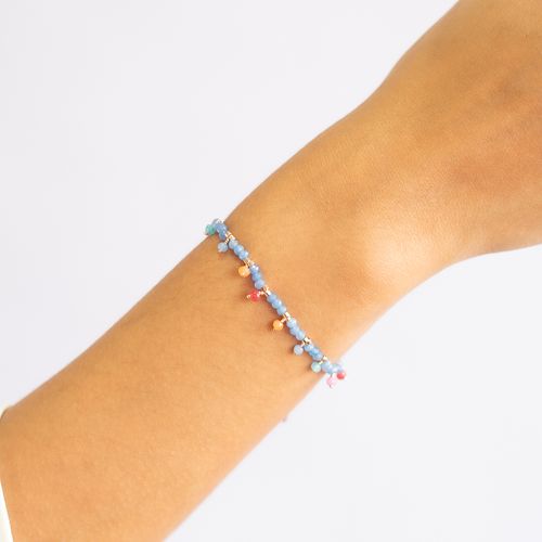 Pulseira pedras naturais jade azul 20cm banho de ouro 18k