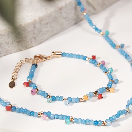 Pulseira pedras naturais jade azul 20cm banho de ouro 18k
