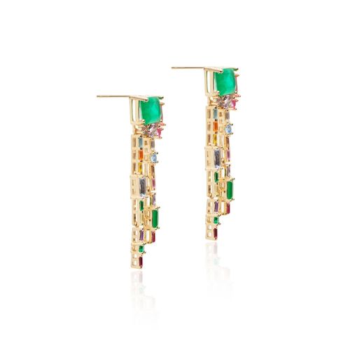 Brinco moldura fusion esmeralda banho de ouro 18k