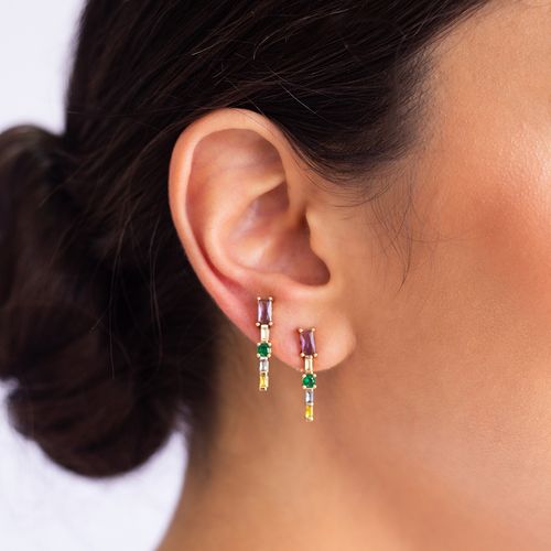 Brinco Palito Pequeno Cristal Ametista Banho de Ouro 18K