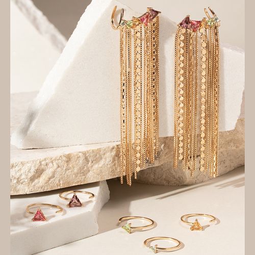 Brinco ear cuff triângulos correntes cristal ametista banho de ouro 18k