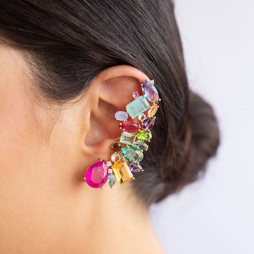 Brinco ear cuff formas gota fusion turmalina rosa banho de ouro 18k