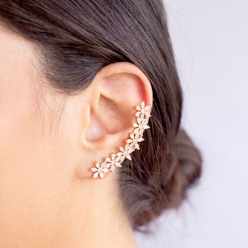Brinco ear cuff inteiro flores banho de ouro 18k