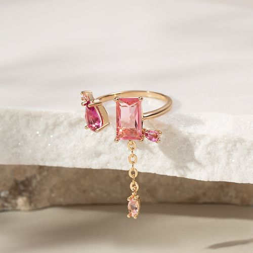 Anel retângulos gotas cristal turmalina rosa banho de ouro 18k