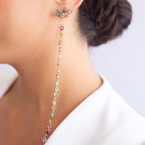 Brinco ear chain formas cristal topázio azul banho de ouro 18k