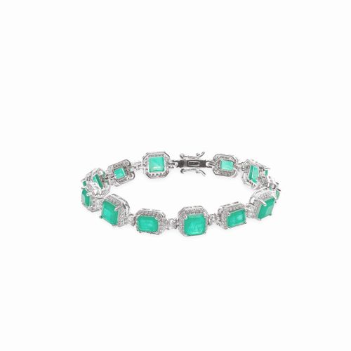 Pulseira quadrados fusion esmeralda 17cm banho de ródio branco