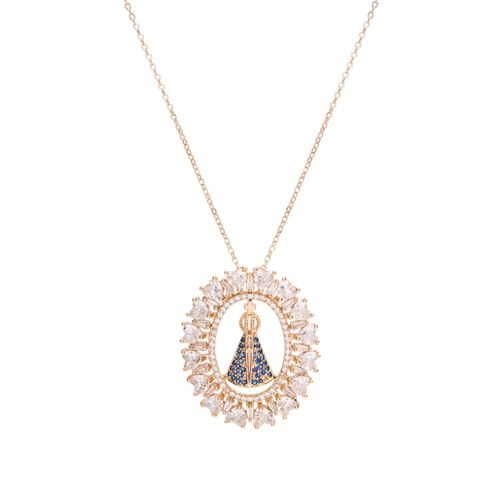 Colar medalha nossa senhora aparecida corações zircônias 49cm banho de ouro 18k