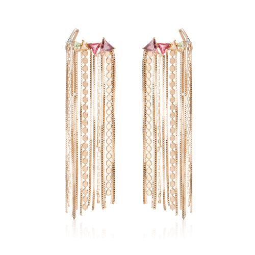 Brinco ear cuff triângulos correntes cristal ametista banho de ouro 18k