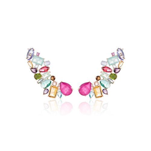 Brinco ear cuff formas gota fusion turmalina rosa banho de ouro 18k