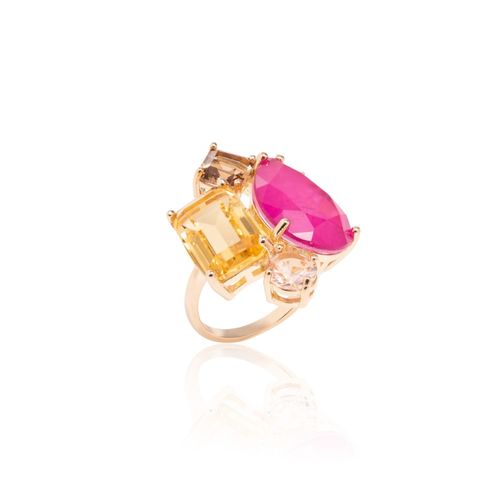 Anel maxi formas fusion turmalina rosa banho de ouro 18k