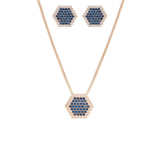 Conjunto hexágono zircônias azuis brancas 47cm banho de ouro 18k