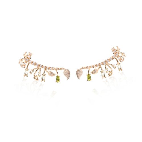 Brinco ear cuff jardim cristal peridoto banho de ouro 18k