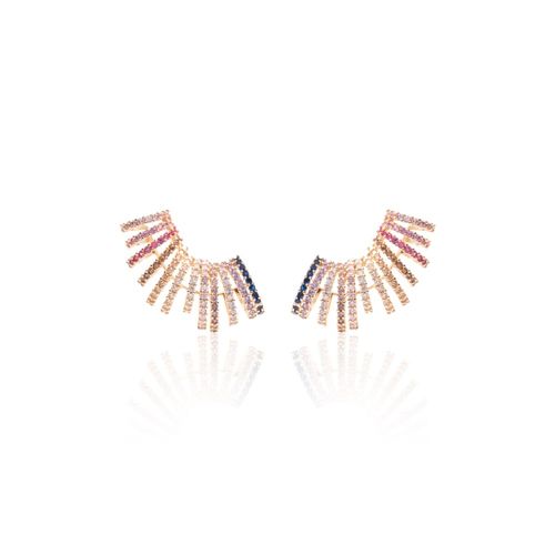 Brinco onda grande zircônia colorida cravejada banho de ouro 18k