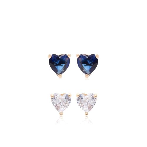 Kit de brincos corações cristal safira banho de ouro 18k
