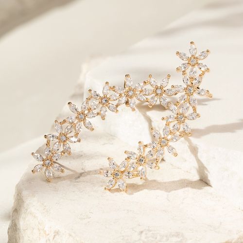 Brinco ear cuff inteiro flores banho de ouro 18k