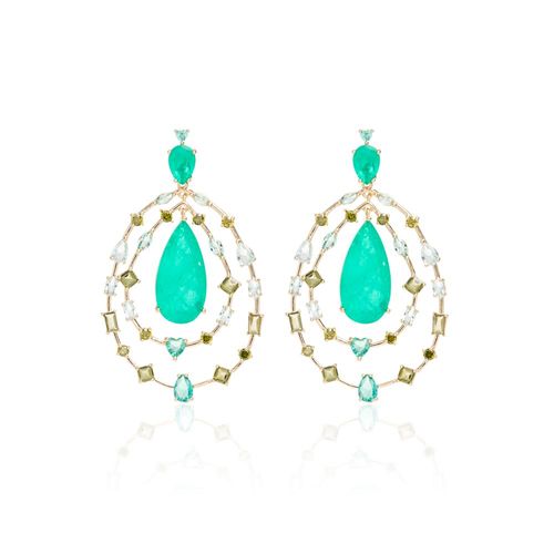 Brinco gota grande formas fusion esmeralda banho de ouro 18k
